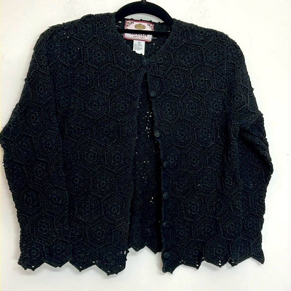 🌞 Tiara Petite black crochet open knit black button up cardigan sweater women MP